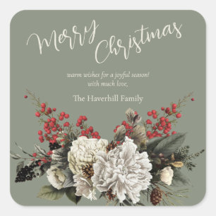 Sage Green Christmas Floral Custom Family Name Square Sticker