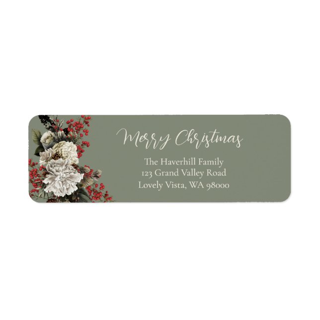 Sage Green Christmas Floral Custom Return Address (Front)