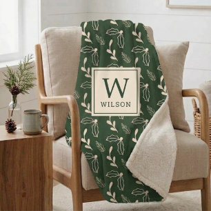 Sage Green Christmas Foliage Custom Monogram Sherpa Blanket