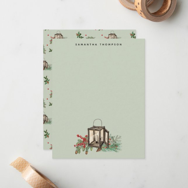 Sage Green Christmas Lantern Pine Berries Card (Front/Back In Situ)