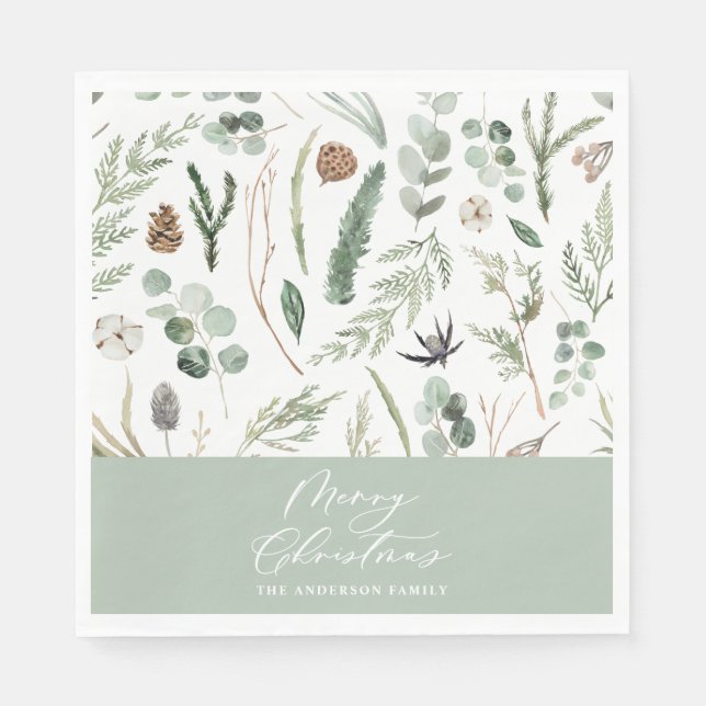 Sage green Christmas minimal botanical Napkin (Front)