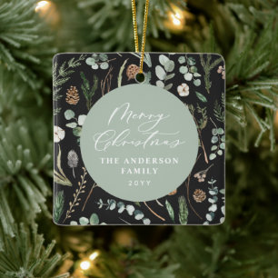 Sage green Christmas minimal botanical photo Ceramic Ornament