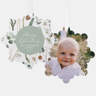 Sage green Christmas minimal botanical photo Tree Decoration Card