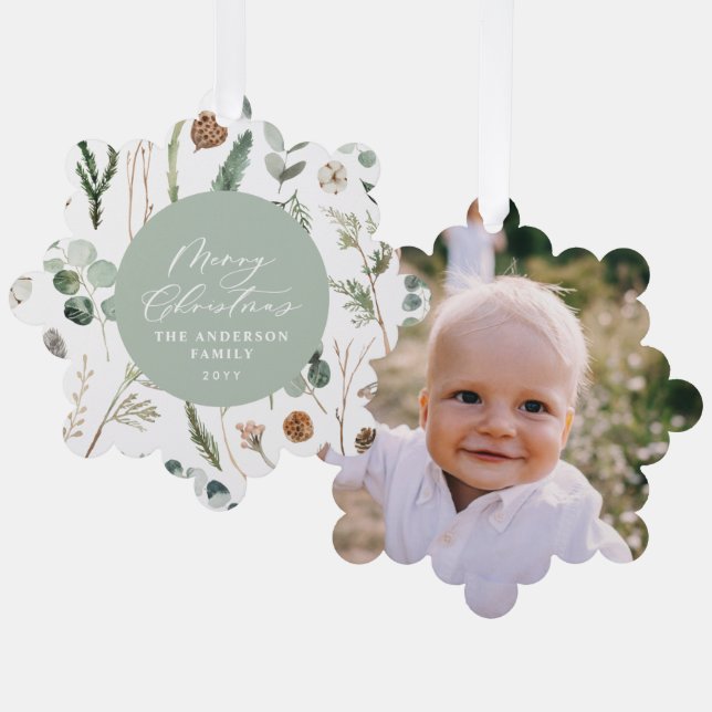 Sage green Christmas minimal botanical photo Tree Decoration Card (Front/Back)