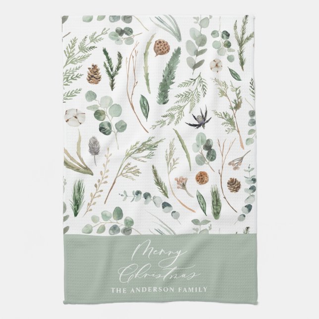 Sage green Christmas minimal botanical Tea Towel (Vertical)