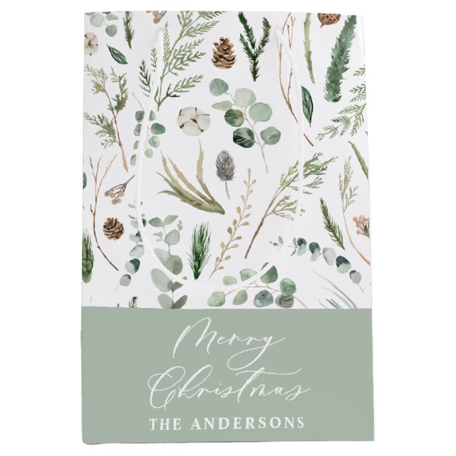 Sage green Christmas modern minimal botanical Wrap Medium Gift Bag (Front)