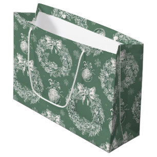 Sage Green Christmas Wreath Toile Ivory Snowflakes Large Gift Bag