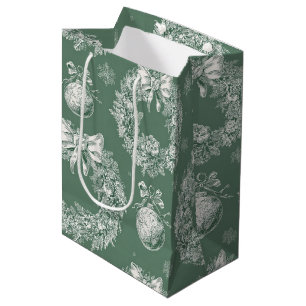 Sage Green Christmas Wreath Toile Ivory Snowflakes Medium Gift Bag