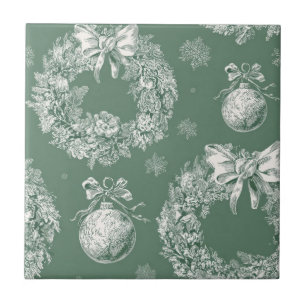Sage Green Christmas Wreath Toile Ivory Snowflakes Tile