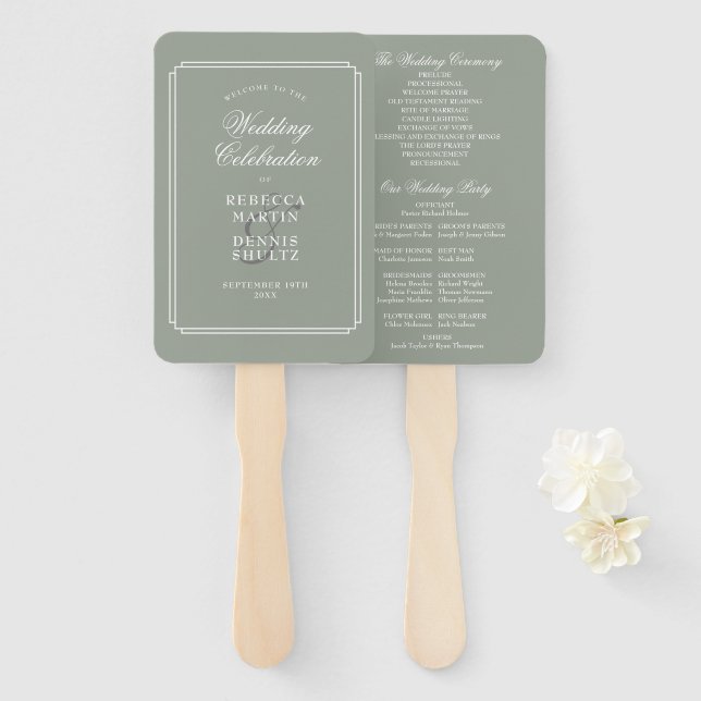 Sage Green Classic Art Deco Wedding Program Hand Fan (Front and Back)