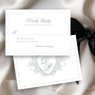 Sage green classic crest monogram wedding RSVP card