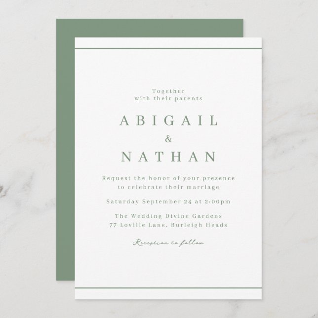 Sage Green Classic Elegant Minimal Wedding Invitation (Front/Back)