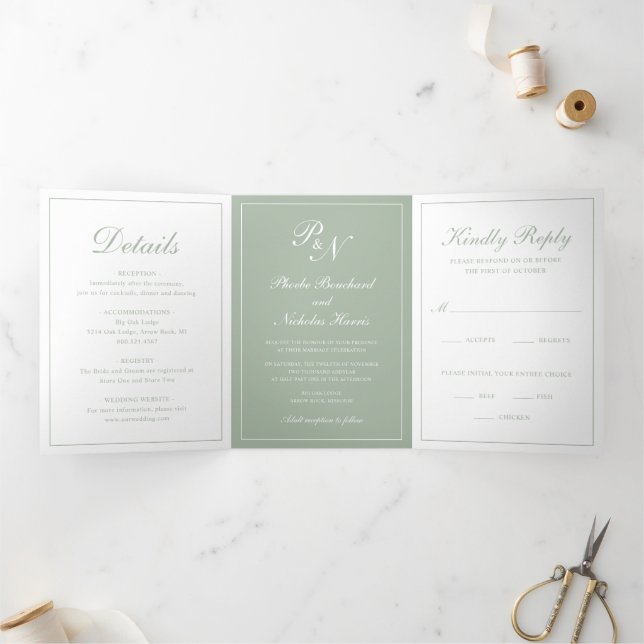 Sage Green Classic Elegant Wedding Tri-Fold Invitation (Inside)