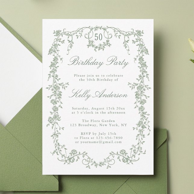 Sage Green Classic Floral 50th Birthday Party Invitation (Creator Uploaded)