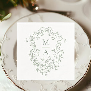 Sage Green Classic Floral Crest Monogram Wedding Napkin