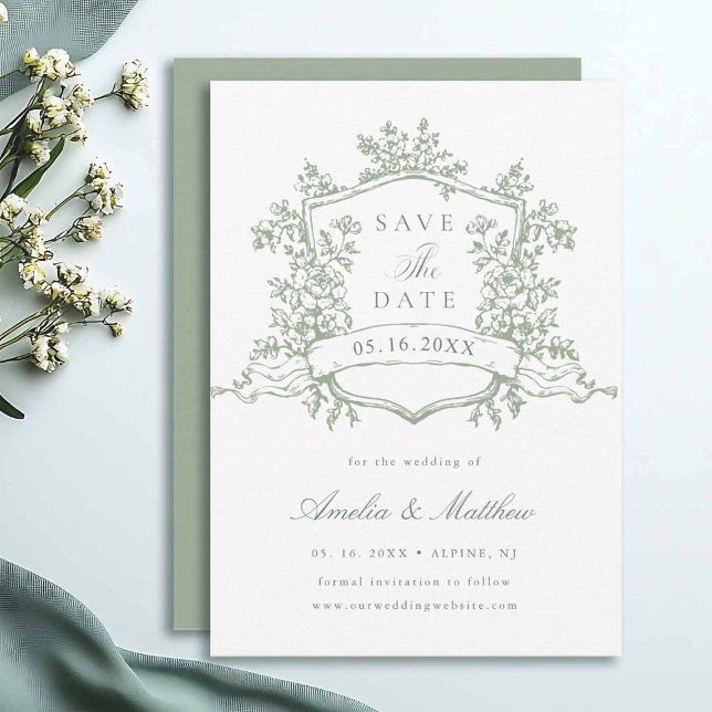 Sage Green Classic Floral Crest Wedding  Save The Date (Creator Uploaded)