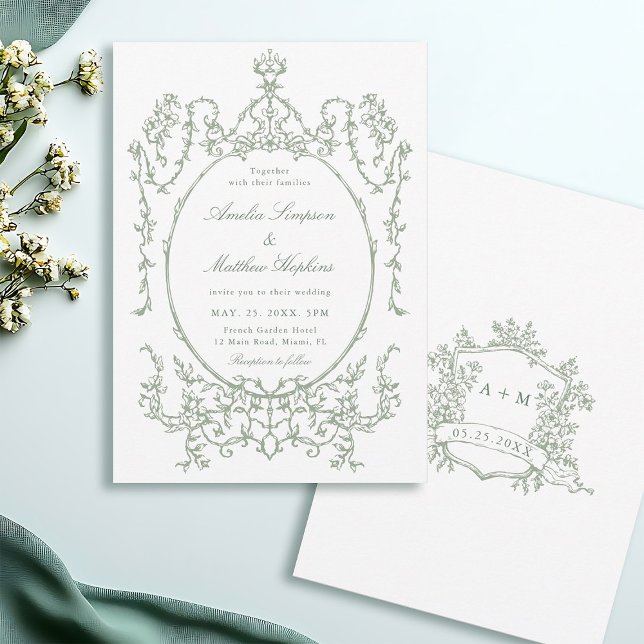 Sage Green Classic Floral Frame Wedding            Invitation (Front & Back)
