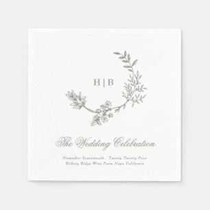 Sage Green Classic Floral Wreath Monogram Wedding Napkin
