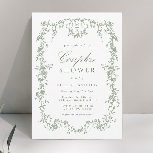 Sage Green Classic French Floral Couples Shower Invitation (Creator Uploaded)