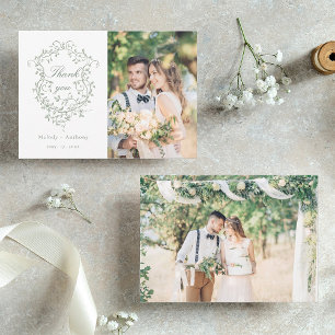 Sage Green Classic French Floral Crest 2 Photo Thank You Card