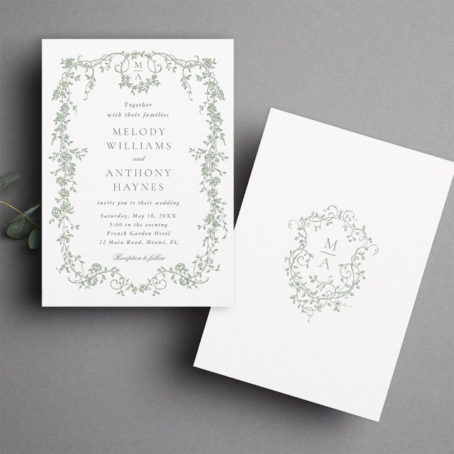 Sage Green Classic French Floral Wedding Invitation (Front & Back)