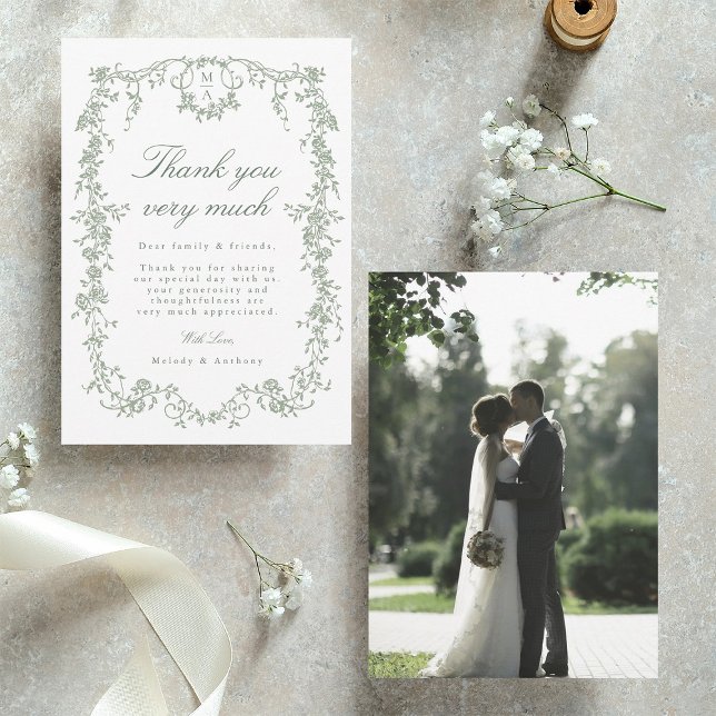 Sage Green Classic French Floral Wedding Photo Thank You Card (Front & Back)