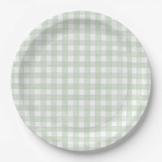 Sage Green Classic Gingham Paper Plate (Front)