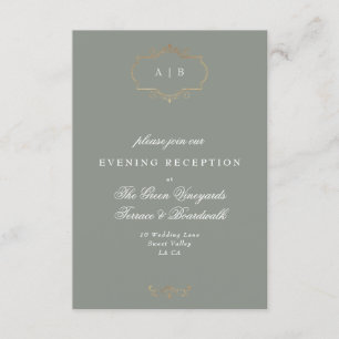 sage green classic gold monogram wedding enclosure card