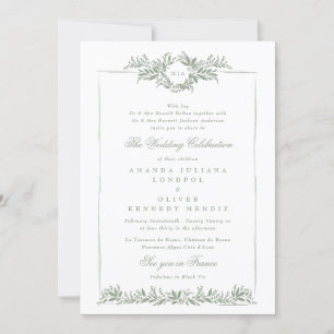 sage green classic leafy wreath etch frame wedding invitation