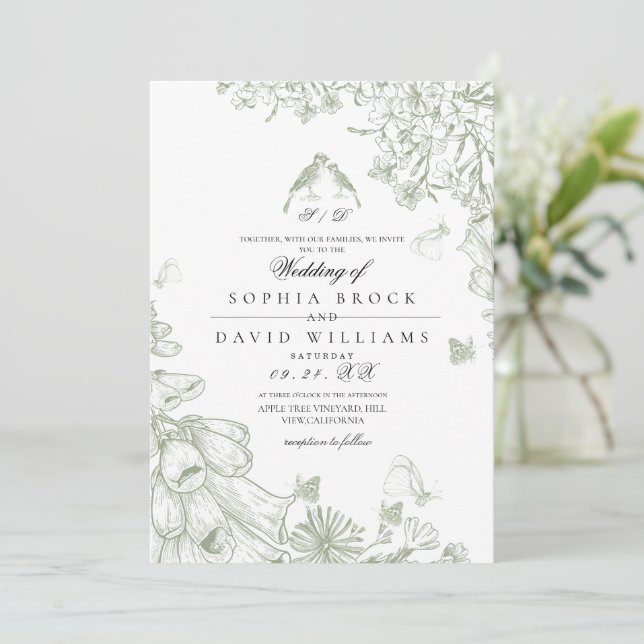 Sage Green Classic Toile French Floral Wedding  Invitation (Standing Front)