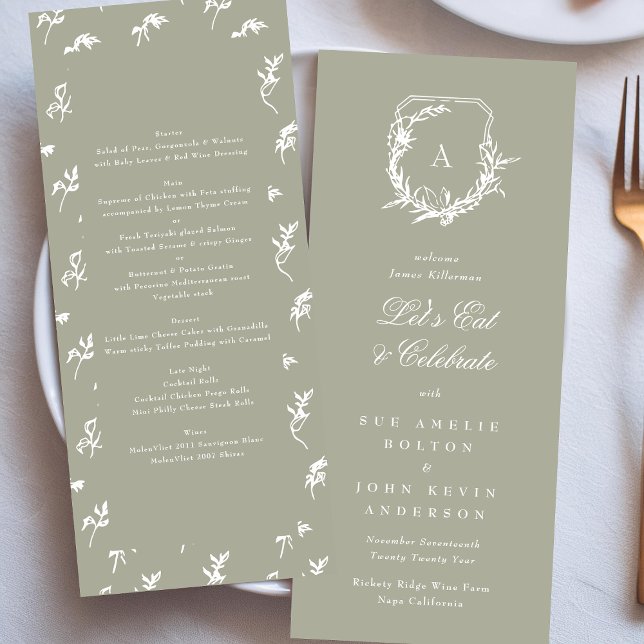 sage green classic vintage monogram crest wedding menu (Creator Uploaded)