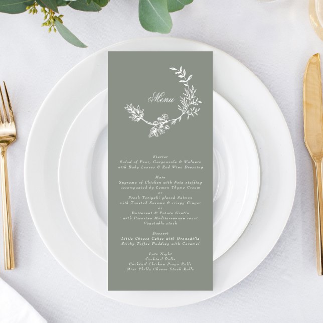 Sage Green Classic Wreath Floral Monogram Wedding Menu (Creator Uploaded)