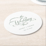 Sage Green Classy Calligraphy Wedding  Round Paper Coaster<br><div class="desc">Simple sage green and white wedding paper coaster features elegant,  romantic swirly calligraphy lettering with text. For more advanced customisation of this design,  please click the BLUE DESIGN TOOL BUTTON above!</div>