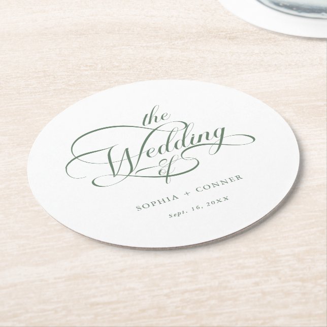 Sage Green Classy Calligraphy Wedding  Round Paper Coaster (Angled)