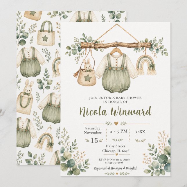 Sage Green Clothesline Baby Shower Invitation (Front/Back)