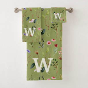 Sage Green, Colourful Floral Personalised Monogram Bath Towel Set