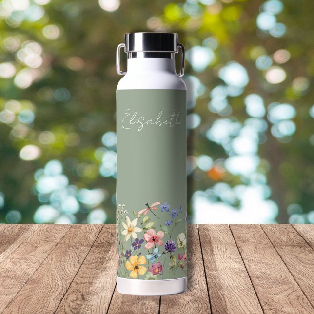  Sage Green Colourful Wildflowers Name Water Bottle (Creator Uploaded)