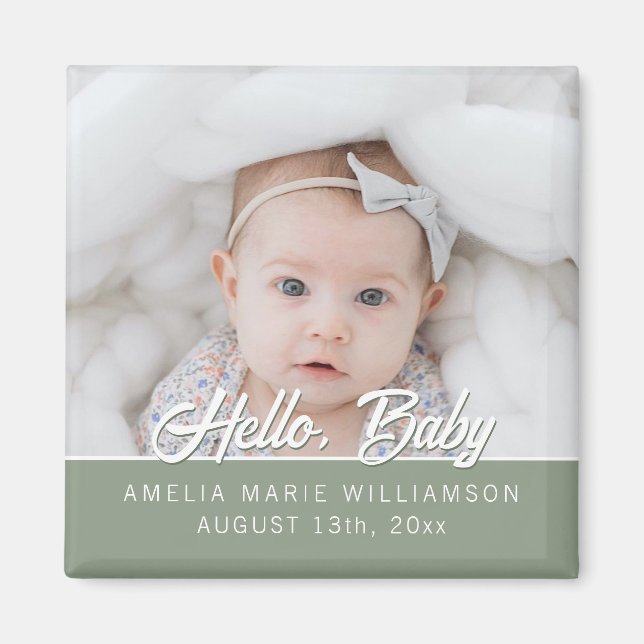 Sage Green Contemporary Hello Baby Magnet (Front)