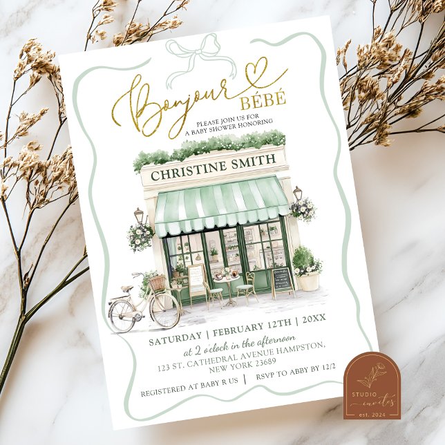 Sage Green Coquette Bow Parisian Cafe Baby Shower  Invitation (Creator Uploaded)
