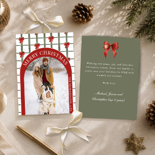 Sage Green & Coquette Red Bow Arch Christmas Photo Holiday Card