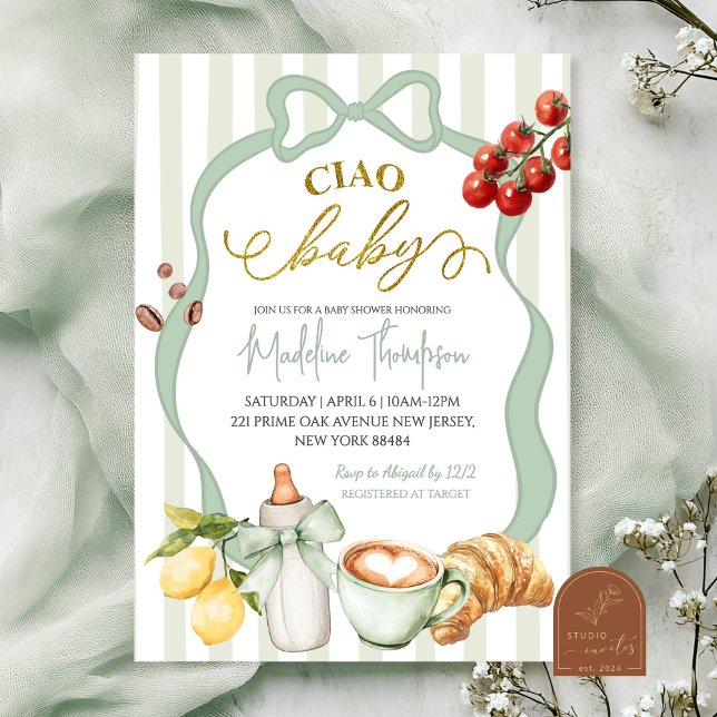Sage Green Coquette Stripes Italy Ciao Baby Shower Invitation (Creator Uploaded)