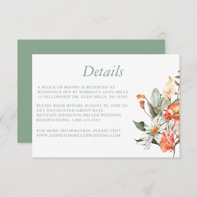 Sage Green Coral Pink Floral Wedding Details Card (Front/Back)