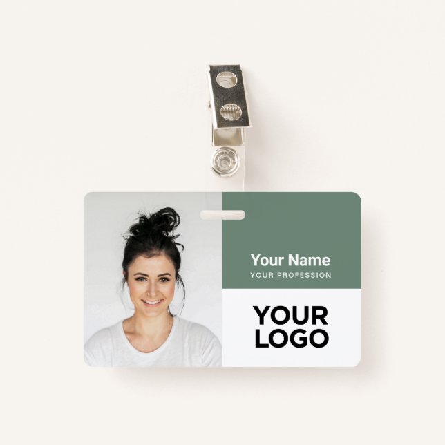 Sage Green Corporate Employee Photo Logo Name ID Badge (Front with Clip)