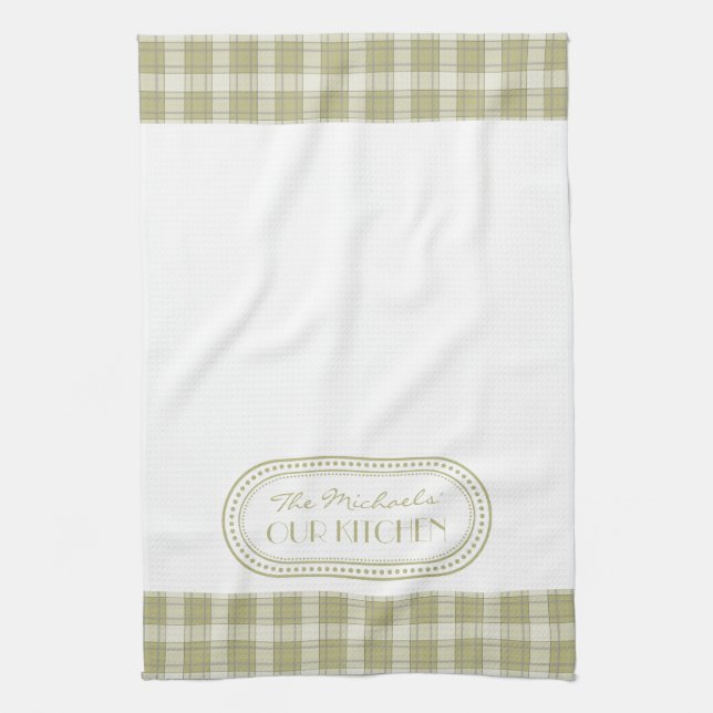 Sage Green Country Plaid Pattern Monogram Tea Towel (Vertical)