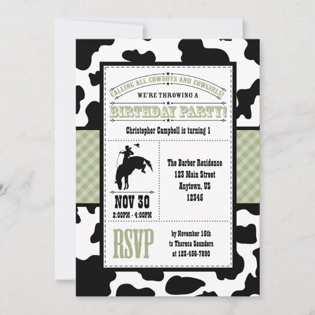 Sage Green Cowhide Cowboy Birthday Invitation (Front)