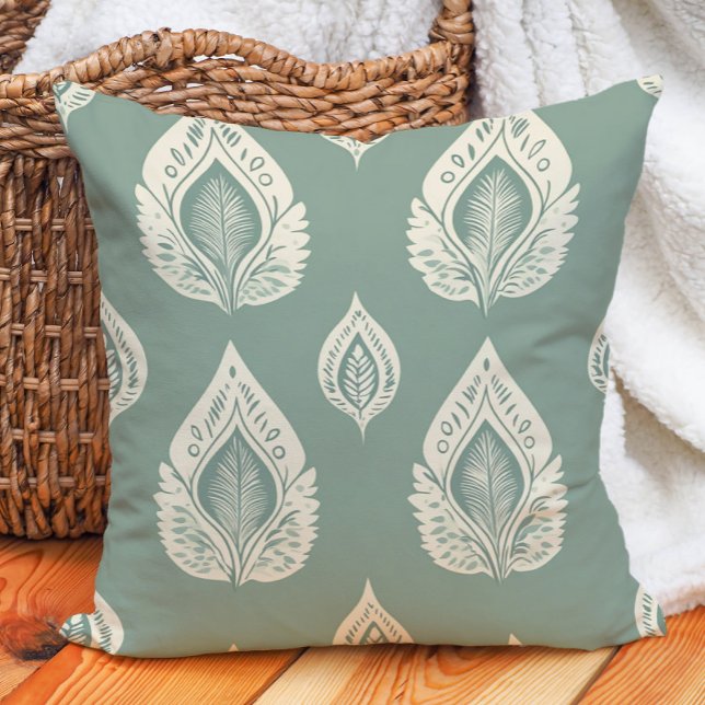 Sage Green Cream Artistic Leaves Nature Cushion (Sage Green Cream Artistic Leaves Nature Throw Pillow)