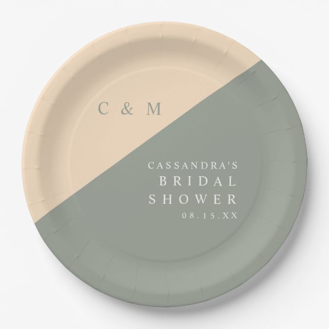 Sage Green Cream Elegant Monogram Bridal Shower Paper Plate (Front)