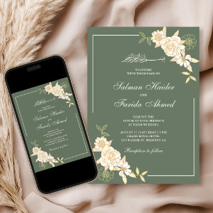 Sage Green Cream Floral Branch Muslim Wedding Invitation
