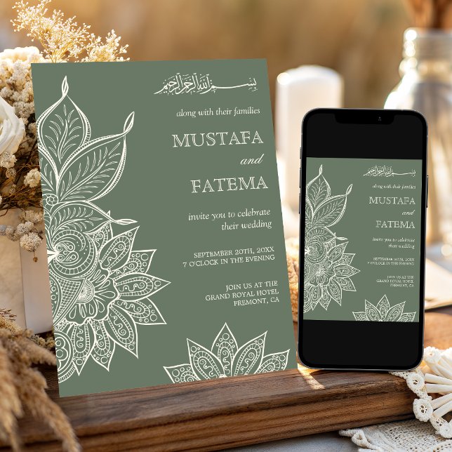 Sage Green Cream Mehndi Henna Muslim Wedding Invitation (Creator Uploaded)