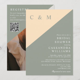 Sage Green Cream Photo QR Code Bridal Shower Invitation